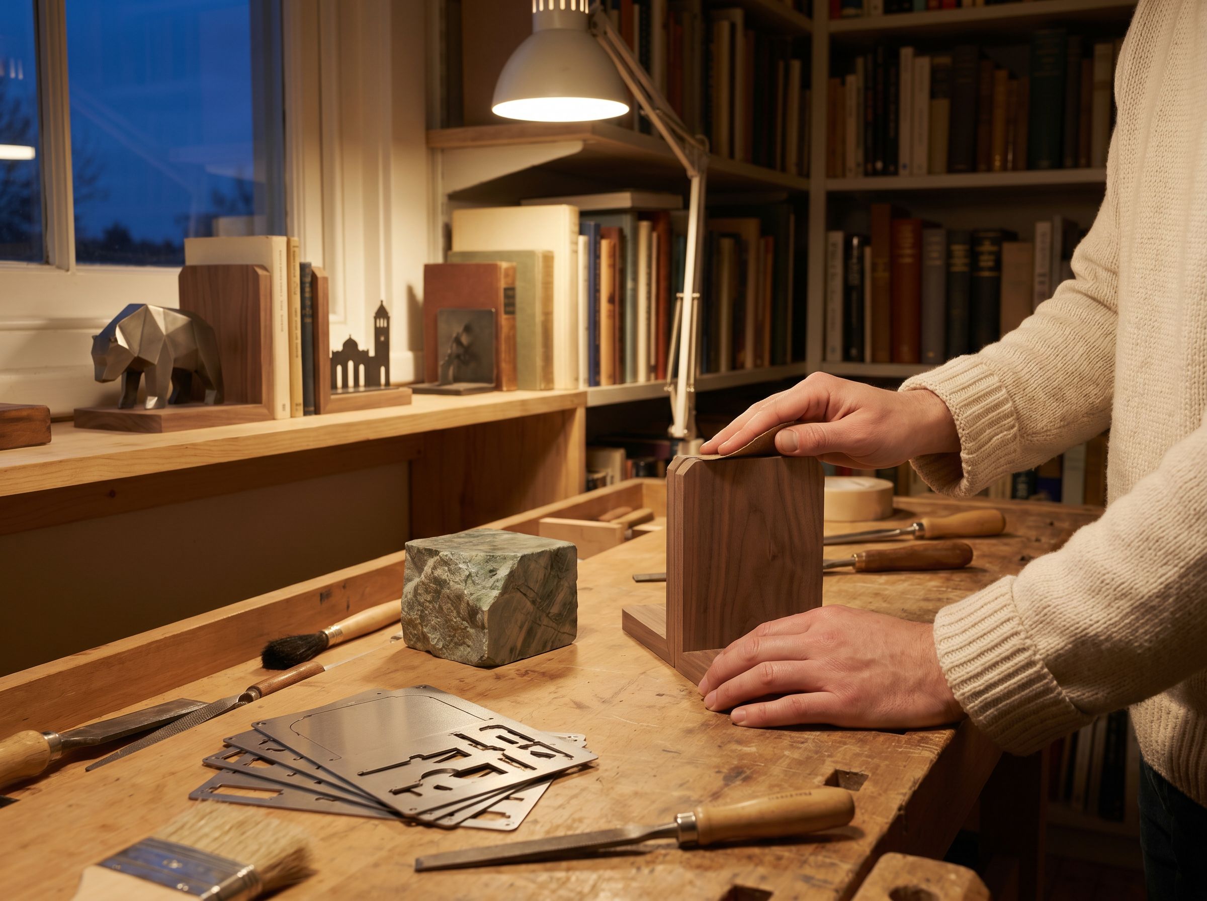 Détail d'un serre-livre — texture du bois, lumière rasante d'atelier.